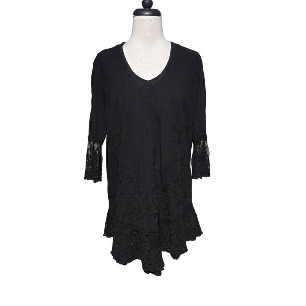 Gretty Zueger Black Boho Shabby Chic Embroidered Tunic Size Small